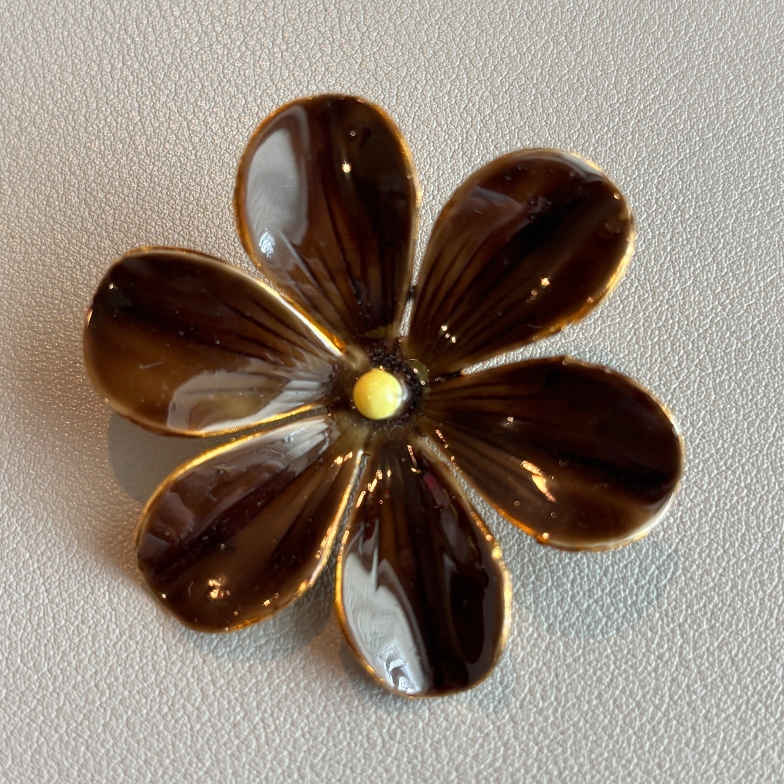 Vintage Sandor Enamel Flower Brooch Brown Goldtone 2